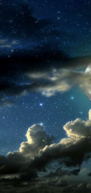 Dark clouds against a starry sky with a visible moon amidst peaceful night clouds