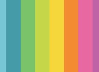 A vibrant color palette featuring blue green yellow orange and purple shades arranged in vertical stripes