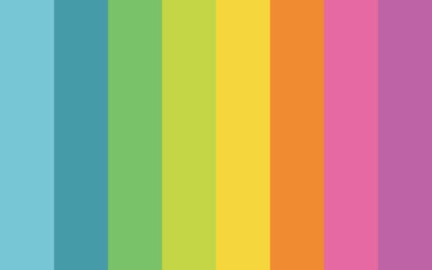 A vibrant color palette featuring blue green yellow orange and purple shades arranged in vertical stripes