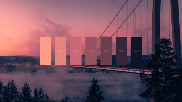 A color palette featuring warm and dark tones over a misty bridge and forest scene at sunset