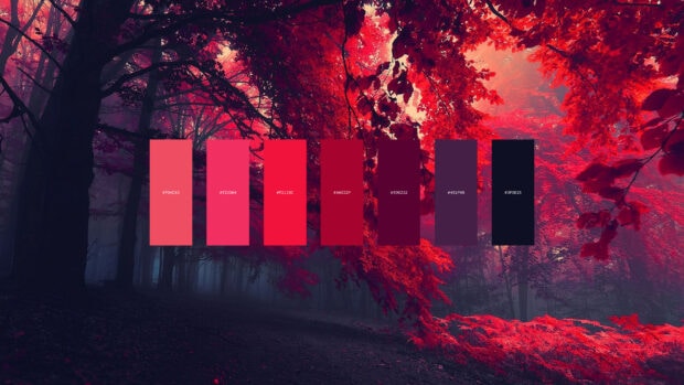 Vibrant color palette featuring shades of red and purple in a forest scene