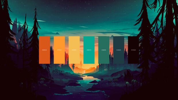 A forest landscape showing a vibrant color palette with warm and cool tones in a scenic sunset