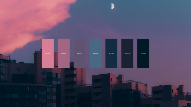 Color palette featuring various muted pink and blue shades over a city skyline at dusk with a visible moon