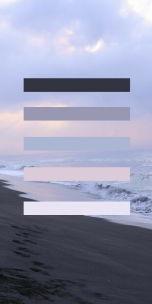 A color palette showing muted tones of blue and purple over a serene beach scene