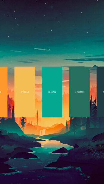 A vibrant color palette showcasing warm and cool shades with natural landscape elements