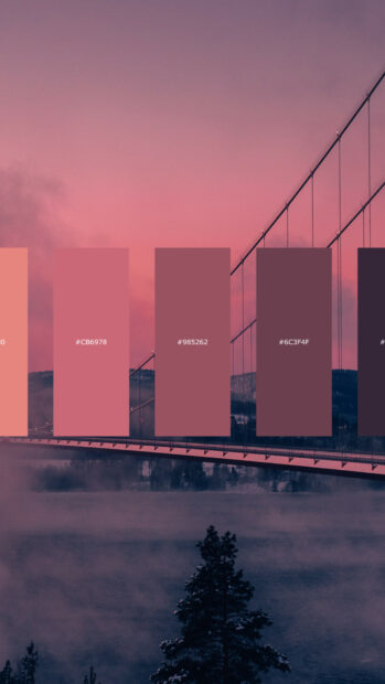 Color palette featuring various shades of pink and purple tones in a misty bridge scene