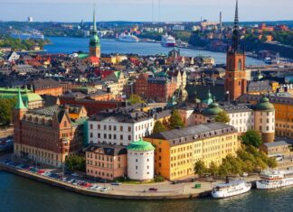 A beautiful view of Copenhagen cityscape with historic buildings and waterfront