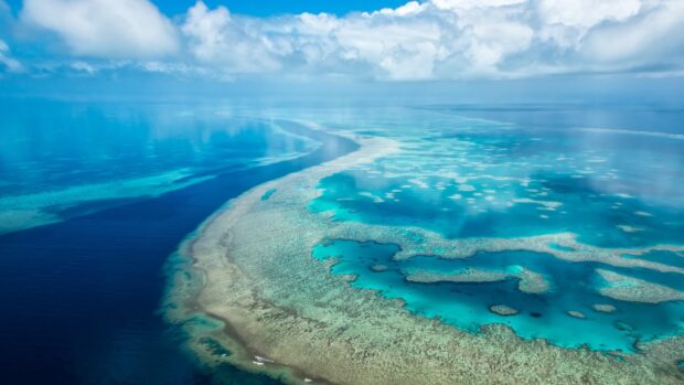 Aerial view of a coral sea with vibrant blue waters and coral reefs under a cloudy sky