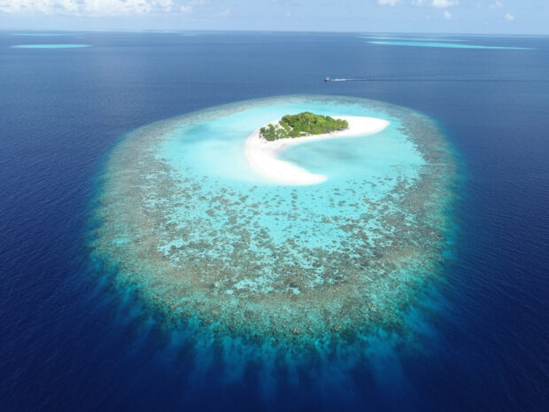 Aerial view of coral sea with turquoise water and a small green island surrounded by coral reefs
