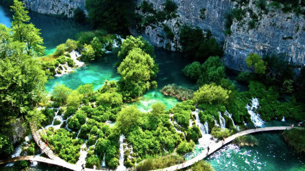 Lush greenery and clear turquoise water at a famous Croatian natural park