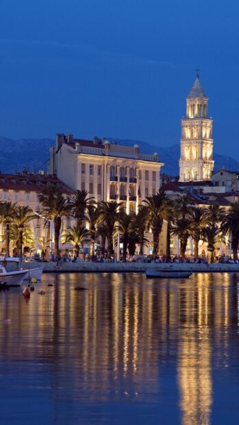 Historic architecture and palm trees reflected in the water of Croatia at dusk