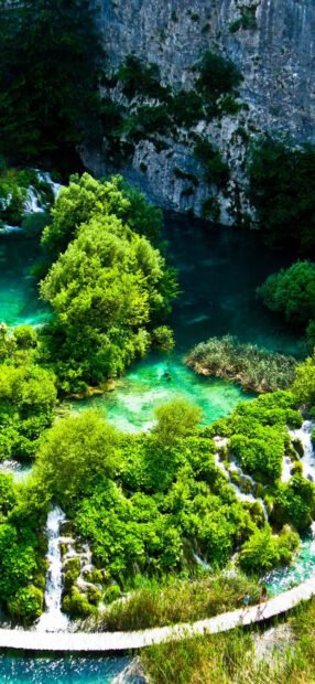 Lush green Croatia nature with clear water and walking path in a scenic landscape