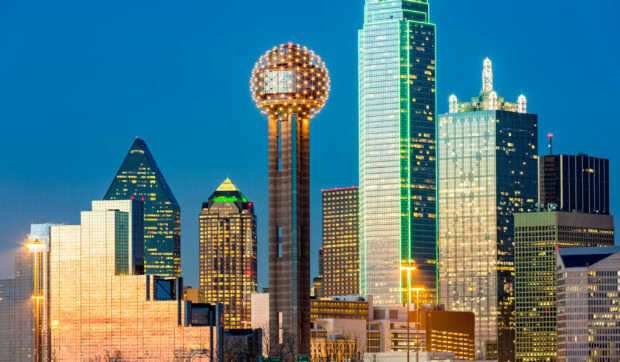 Dallas city skyline with the Reunion Tower in Texas during blue hour