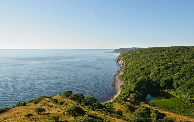 A scenic coastline with lush green hills and calm sea under a clear blue sky in Denmark