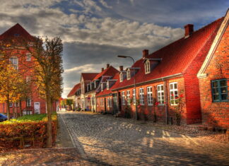 A charming cobblestone street in Denmark with autumn trees and traditional brick houses