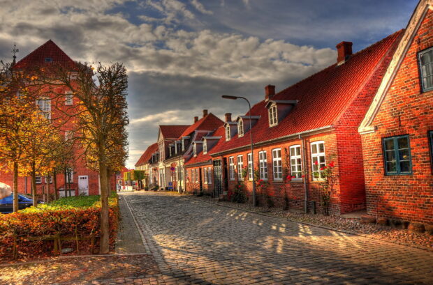 A charming cobblestone street in Denmark with autumn trees and traditional brick houses