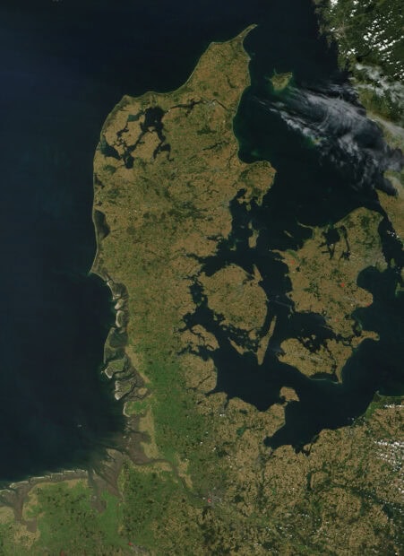 A detailed aerial view of Denmark land and water regions showing natural landscapes and coastlines