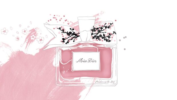 Miss Dior bottle with floral decorated bow on a pink artistic background