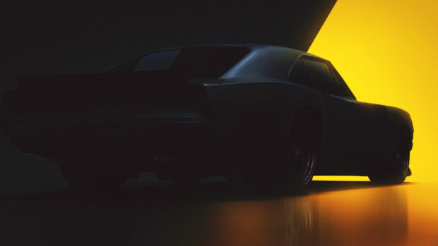 A sleek Dodge Charger car silhouette illuminated by dramatic yellow lighting in a dark setting
