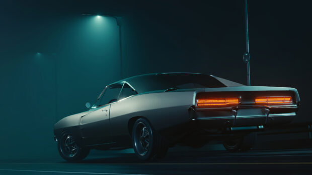 Classic Dodge Charger car parked on a dark street under streetlights at night