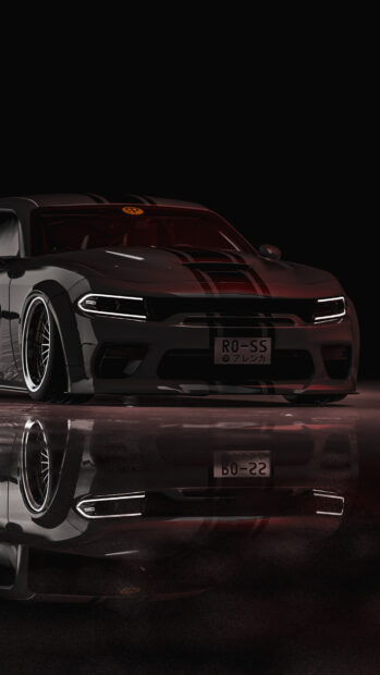 A black Dodge Charger with racing stripes reflecting on a glossy surface in a dark setting