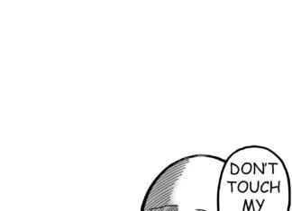 A determined character with a raised fist warning dont touch my phone in a monochrome manga style