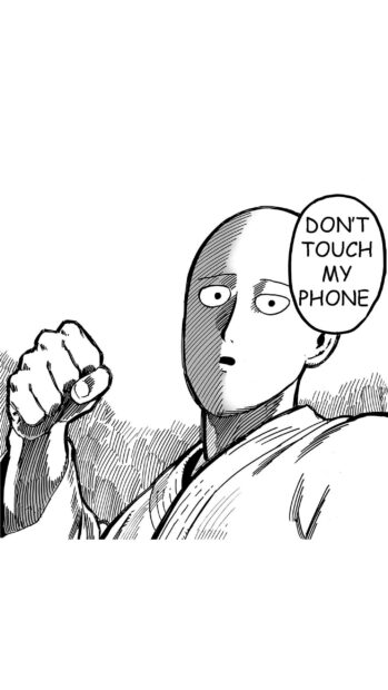 A determined character with a raised fist warning dont touch my phone in a monochrome manga style