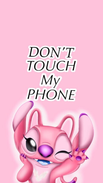 Cute pink cartoon character winking with a dont touch my phone message on pink background