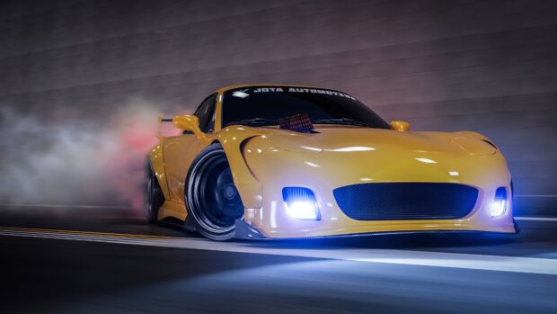 Yellow sports car drifting sharply on the track with smoke rising behind the tire