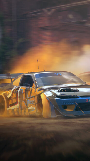 A drifting car speeding on a dirt track during a dramatic race