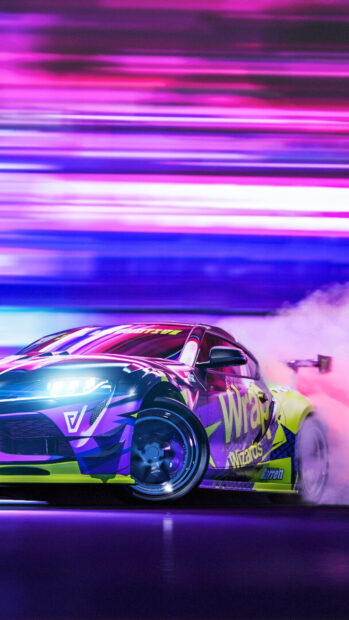 A colorful car performing drifting with smoke and motion blur in vibrant neon lights