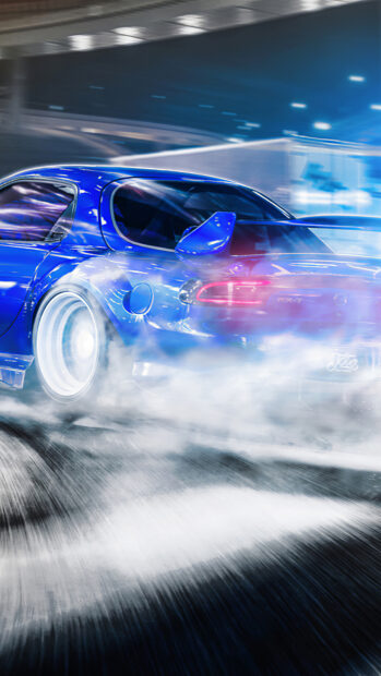 Blue sports car drifting on wet asphalt creating smoke trail