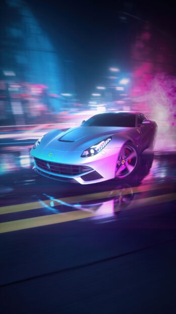 Silver sports car drifting fast on a neon lit city street at night