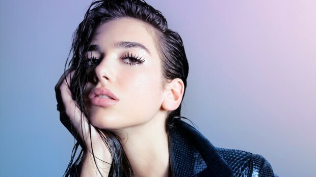 Dua Lipa close up portrait with wet hair and glossy skin