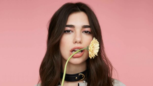 Close up of Dua Lipa holding a yellow flower in her mouth against a pink background