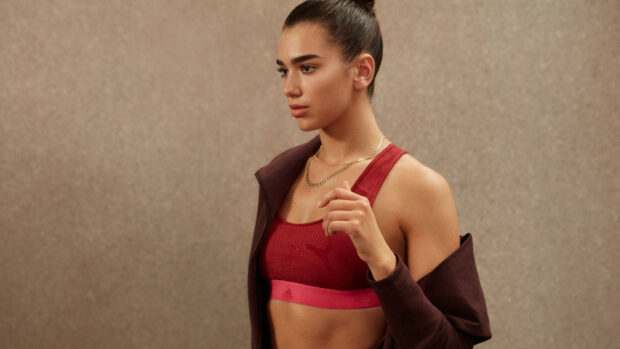 Dua Lipa wearing a red sports bra and maroon jacket posing in profile view