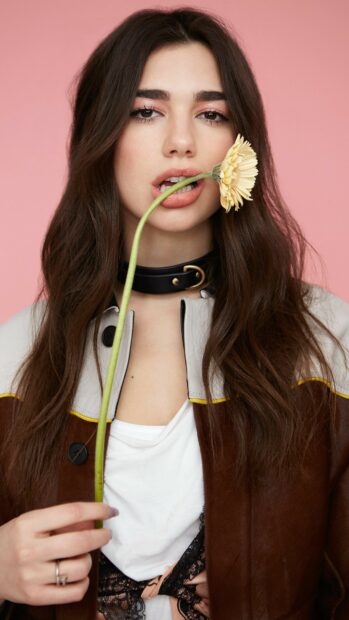 Dua Lipa holding a flower stem in her mouth against a pink background