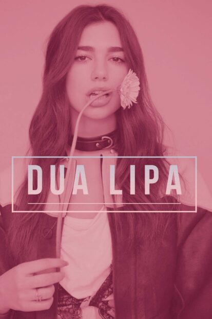 Dua Lipa holding a flower stem in her mouth with long hair and stylish outfit