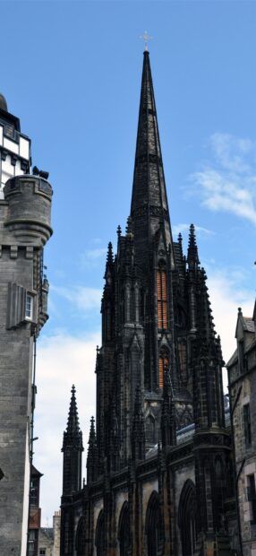 Gothic architecture spire of a historic church in Edinburgh Scotland
