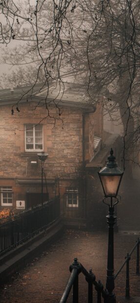 Old stone building with bare tree branches in Edinburgh Scotland in a foggy setting