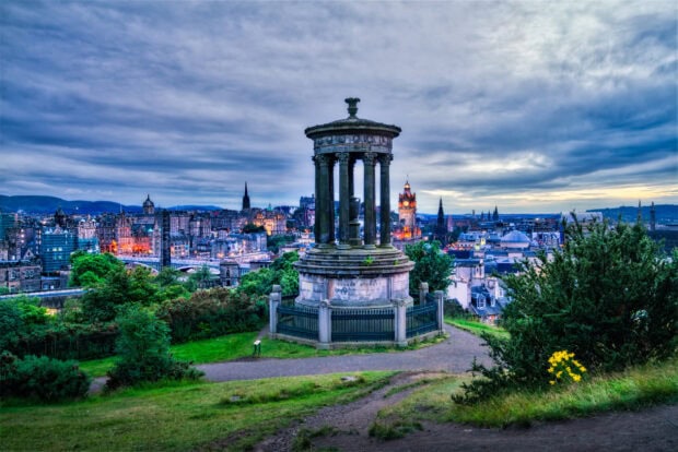 Dugald Stewart monument on Calton Hill in Edinburgh Scotland at dusk