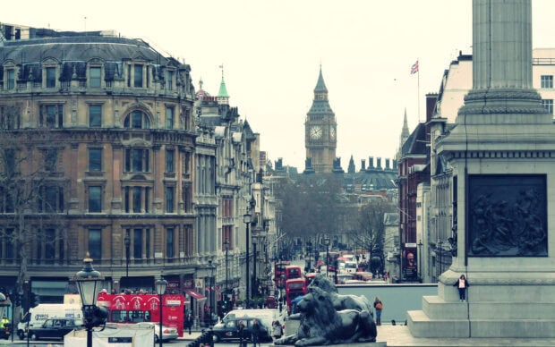 Historic England cityscape with Big Ben and busy London street scenes