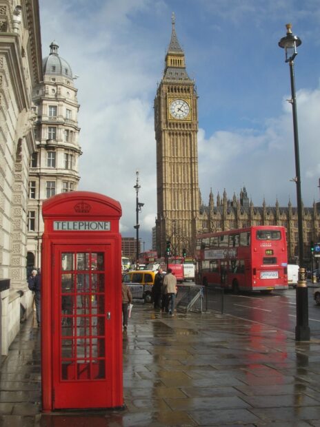 A classic London scene featuring a red telephone box and Big Ben in England