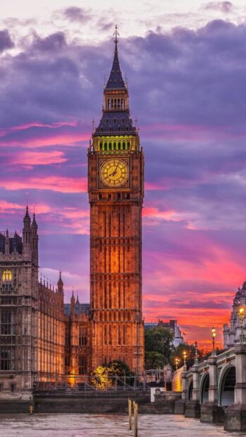 The historic landmark in England with a colorful sunset sky background