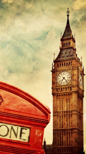 Vintage style red phone booth and Big Ben clock tower in England cityscape