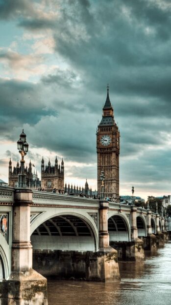 The iconic Big Ben and Westminster Bridge in England under a cloudy sky