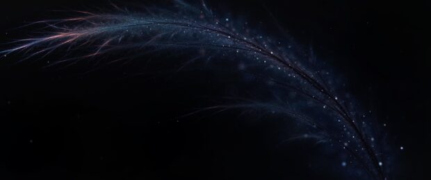Dark feather with glowing particles floating in space