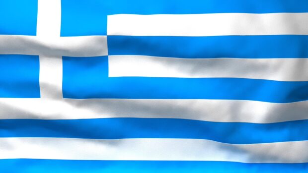 The Greece national flag with blue and white stripes waving in high definition