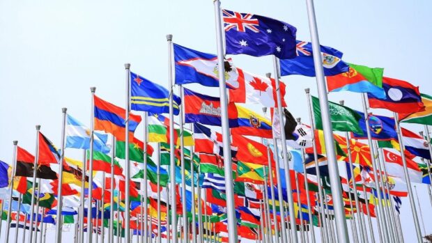 Various country flags waving on flagpoles in a clear sky displaying global unity