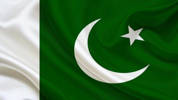 High quality Pakistan flag with white crescent and star on green field and white vertical stripe